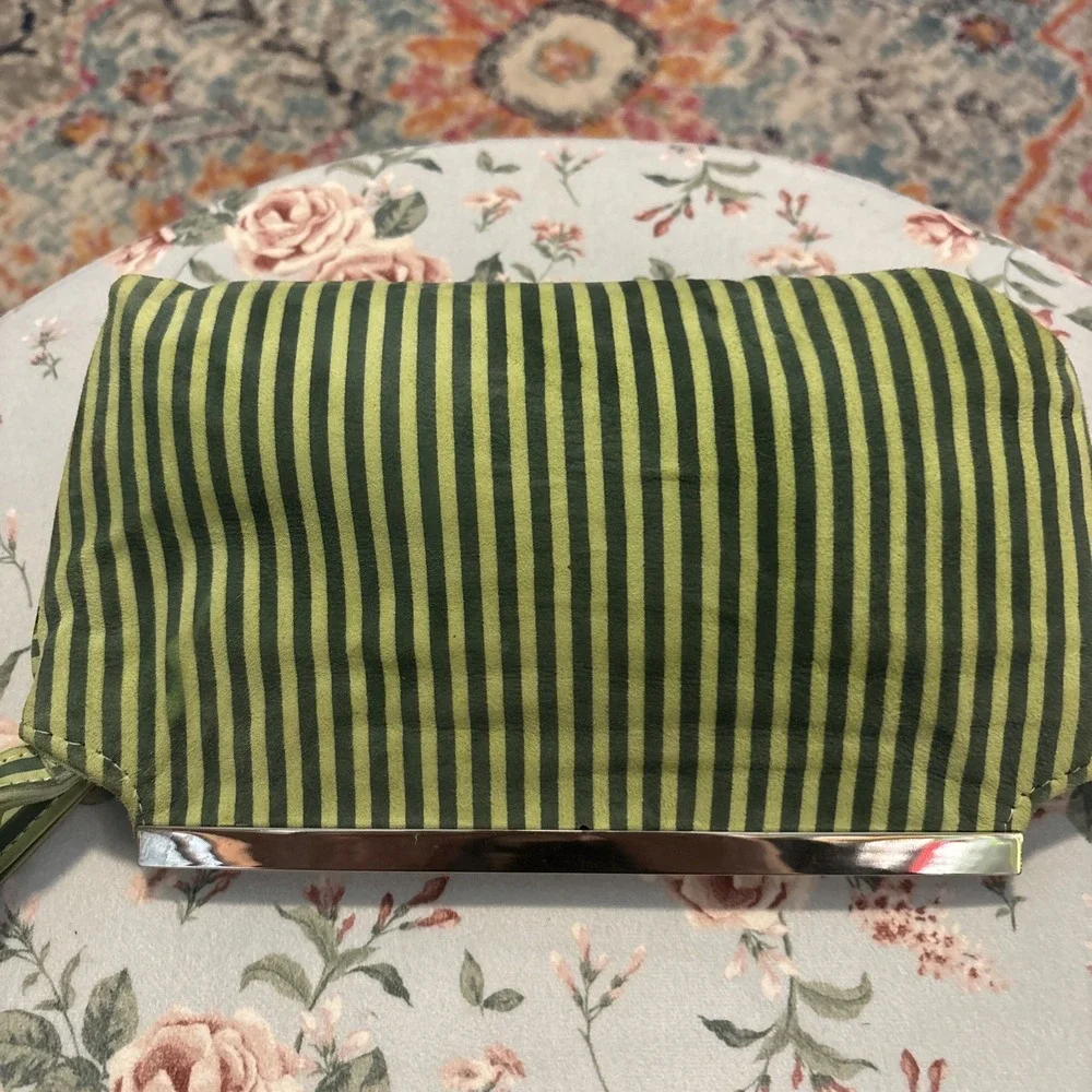Adriana Cara's Green Striped Velvet Clutch Wristlet‎ Purse. Magnetic Closure.